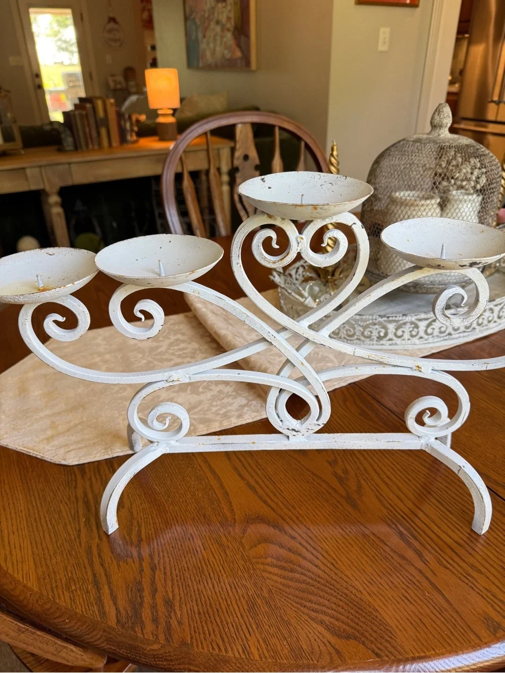 Vintage Cast Iron White Farmhouse 5-Arm Candle Holder with Genuine Patina